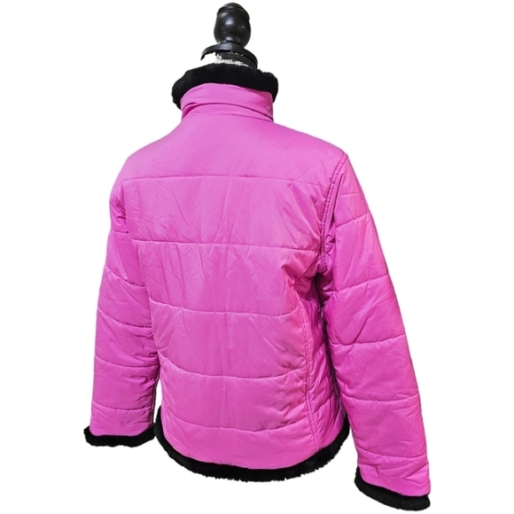 Spyder Pink Full Zip Front Puffer Jacket Black Faux Fur Trim Size 4 Outdoor Snow - Picture 4 of 12